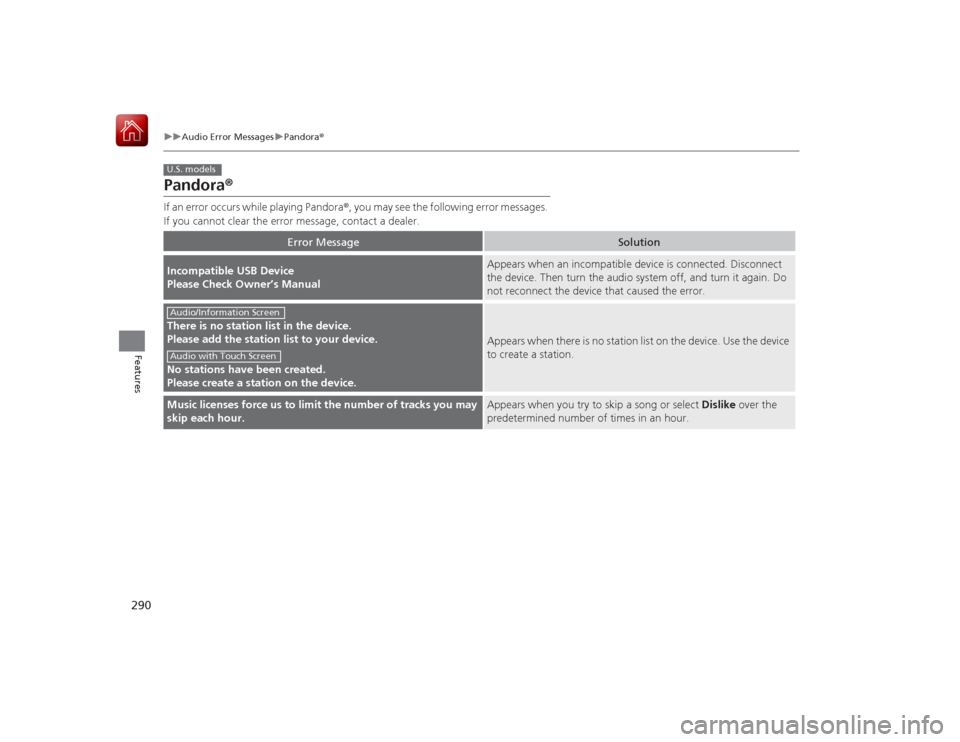 HONDA ACCORD HYBRID 2015 9.G Owners Manual 290
uuAudio Error Messages uPandora®
Features
Pandora ®If an error occurs while playing Pandora ®, you may see the following error messages.
If you cannot clear the error message, contact a dealer HONDA ACCORD HYBRID 2015 9.G Owners Manual 290
uuAudio Error Messages uPandora®
Features
Pandora ®If an error occurs while playing Pandora ®, you may see the following error messages.
If you cannot clear the error message, contact a dealer