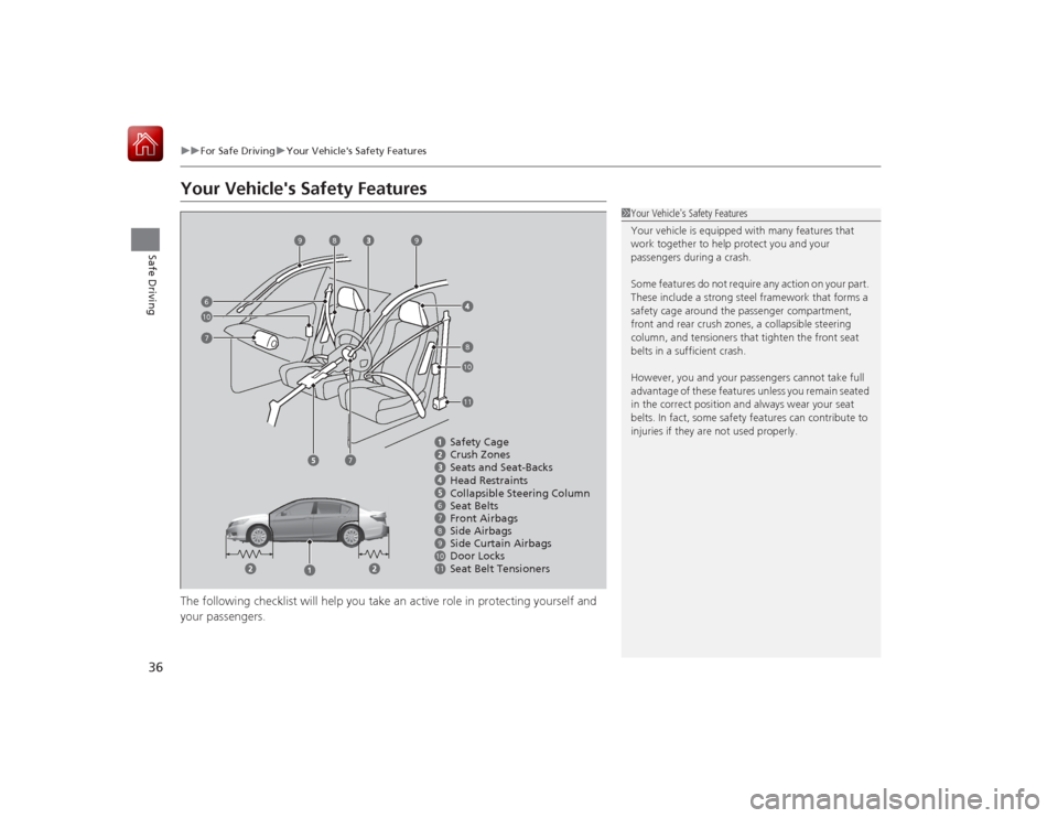 HONDA ACCORD HYBRID 2015 9.G Owners Manual 36
uuFor Safe Driving uYour Vehicles Safety Features
Safe Driving
Your Vehicles Safety FeaturesThe following checklist will help you take an active role in protecting yourself and 
your passengers.
