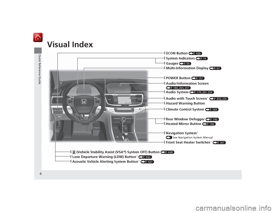 HONDA ACCORD HYBRID 2015 9.G Owners Manual 4Quick Reference Guide
Quick Reference GuideVisual Index
❙System Indicators
(P 74)
❙Gauges
(P 95)
❙Navigation System
*
() See Navigation System Manual❙Audio System
(P 179, 201, 234)
❙POW HONDA ACCORD HYBRID 2015 9.G Owners Manual 4Quick Reference Guide
Quick Reference GuideVisual Index
❙System Indicators
(P 74)
❙Gauges
(P 95)
❙Navigation System
*
() See Navigation System Manual❙Audio System
(P 179, 201, 234)
❙POW
