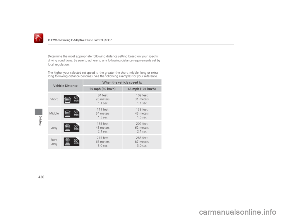 HONDA ACCORD HYBRID 2015 9.G Owners Manual 436
uuWhen Driving uAdaptive Cruise Control (ACC)
*
Driving
Determine the most appropriate following di stance setting based on your specific
driving conditions. Be sure to adhere to any following d HONDA ACCORD HYBRID 2015 9.G Owners Manual 436
uuWhen Driving uAdaptive Cruise Control (ACC)
*
Driving
Determine the most appropriate following di stance setting based on your specific
driving conditions. Be sure to adhere to any following d