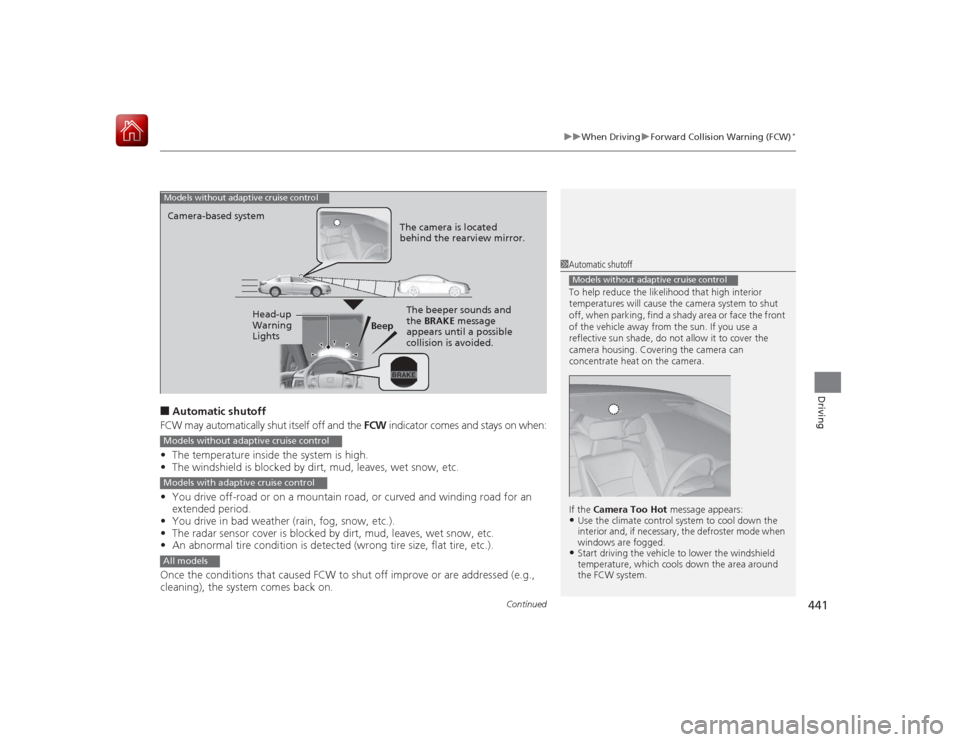 HONDA ACCORD HYBRID 2015 9.G Owners Manual Continued
441
uuWhen Driving uForward Collision Warning (FCW)
*
Driving
■Automatic shutoff
FCW may automatically shut itself off and the FCW  indicator comes and stays on when:
• The temperature i