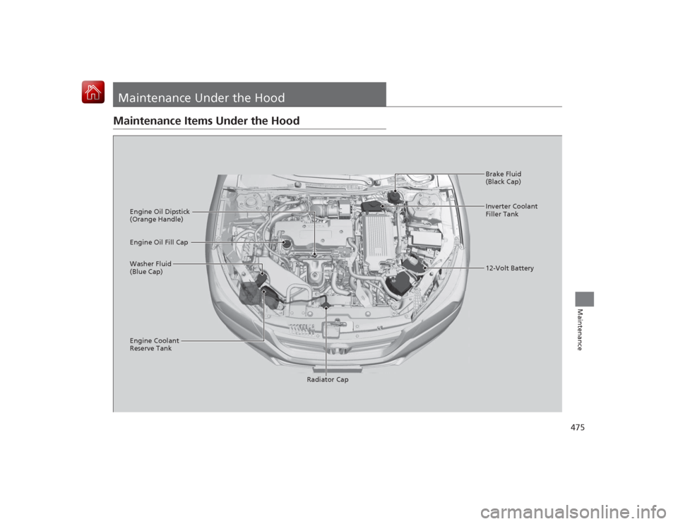 HONDA ACCORD HYBRID 2015 9.G Owners Manual 475Maintenance
Maintenance Under the HoodMaintenance Items Under the Hood
Brake Fluid 
(Black Cap)
Engine Coolant 
Reserve Tank Radiator Cap
Washer Fluid 
(Blue Cap) Engine Oil Dipstick 
(Orange Handl