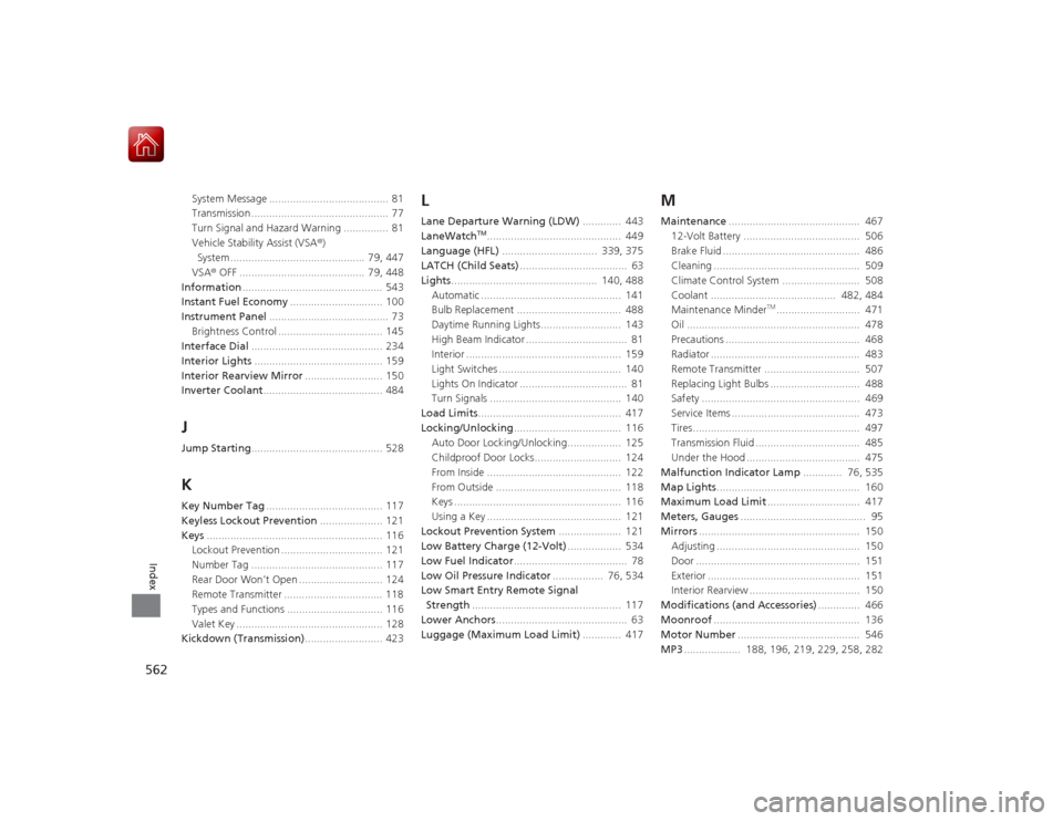 HONDA ACCORD HYBRID 2015 9.G Owners Manual 562Index
System Message ........................................  81
Transmission ..............................................  77
Turn Signal and Hazard Warning ...............  81
Vehicle Stabilit
