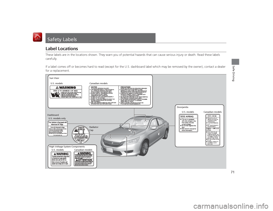 HONDA ACCORD HYBRID 2015 9.G Owners Manual 71Safe Driving
Safety LabelsLabel LocationsThese labels are in the locations shown. They warn you of potential hazards that can cause serious injury or death. Read these labels 
carefully.
If a label 