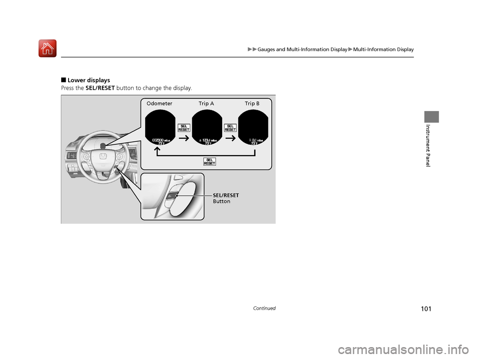 HONDA ACCORD HYBRID 2017 9.G Owners Manual 101
uuGauges and Multi-Information Display uMulti-Information Display
Continued
Instrument Panel
■Lower displays
Press the  SEL/RESET  button to change the display.
Odometer Trip A Trip B
SEL/RESET 