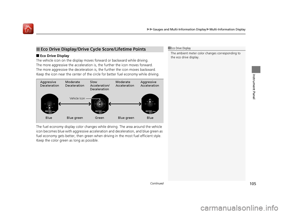 HONDA ACCORD HYBRID 2017 9.G Owners Manual Continued105
uuGauges and Multi-Information Display uMulti-Information Display
Instrument Panel
■Eco Drive Display
The vehicle icon on the display moves forward or backward while driving.
The more a