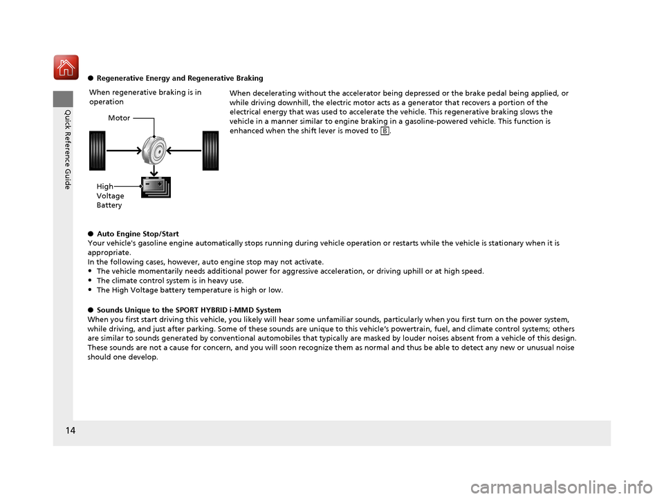 HONDA ACCORD HYBRID 2017 9.G Owners Manual 14
Quick Reference Guide
●Regenerative Energy and Regenerative Braking
When decelerating without the accelerator being depressed or the brake pedal being applied, or
while driving downhill, the ele HONDA ACCORD HYBRID 2017 9.G Owners Manual 14
Quick Reference Guide
●Regenerative Energy and Regenerative Braking
When decelerating without the accelerator being depressed or the brake pedal being applied, or
while driving downhill, the ele