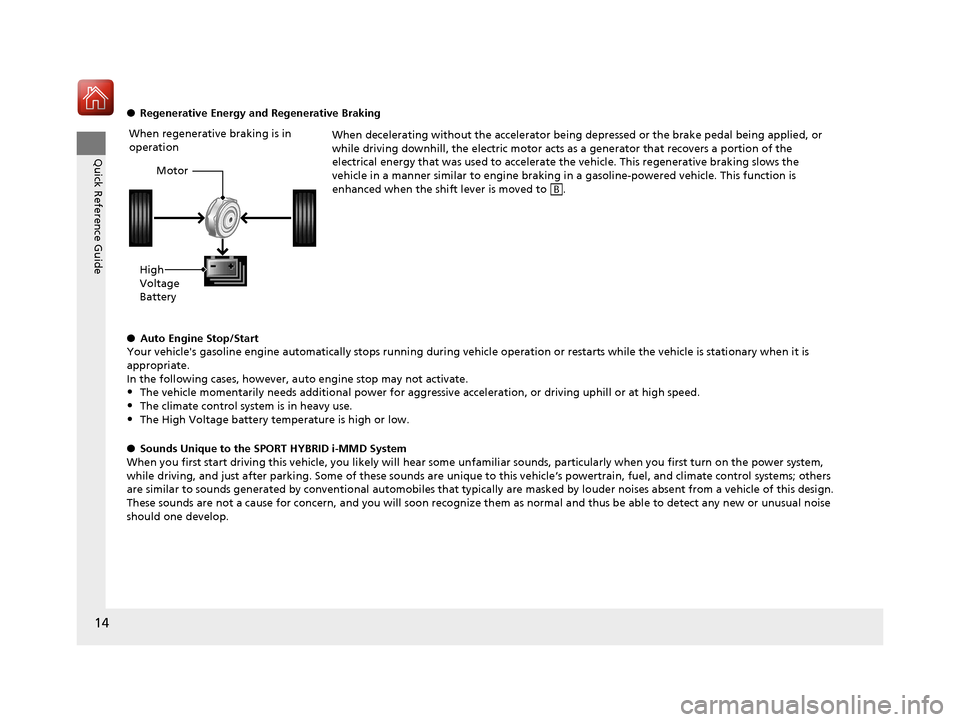 HONDA ACCORD HYBRID 2017 9.G Owners Manual 14
Quick Reference Guide
●Regenerative Energy and Regenerative Braking
When decelerating without the accelerator being depressed or the brake pedal being applied, or 
while driving downhill, the ele