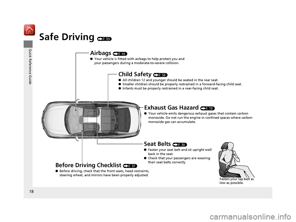 HONDA ACCORD HYBRID 2017 9.G Owners Manual 18
Quick Reference Guide
Safe Driving (P 33)
Airbags (P 45)
● Your vehicle is fitted with ai rbags to help protect you and 
your passengers during a moderate-to-severe collision.
Child Safety (P 58)