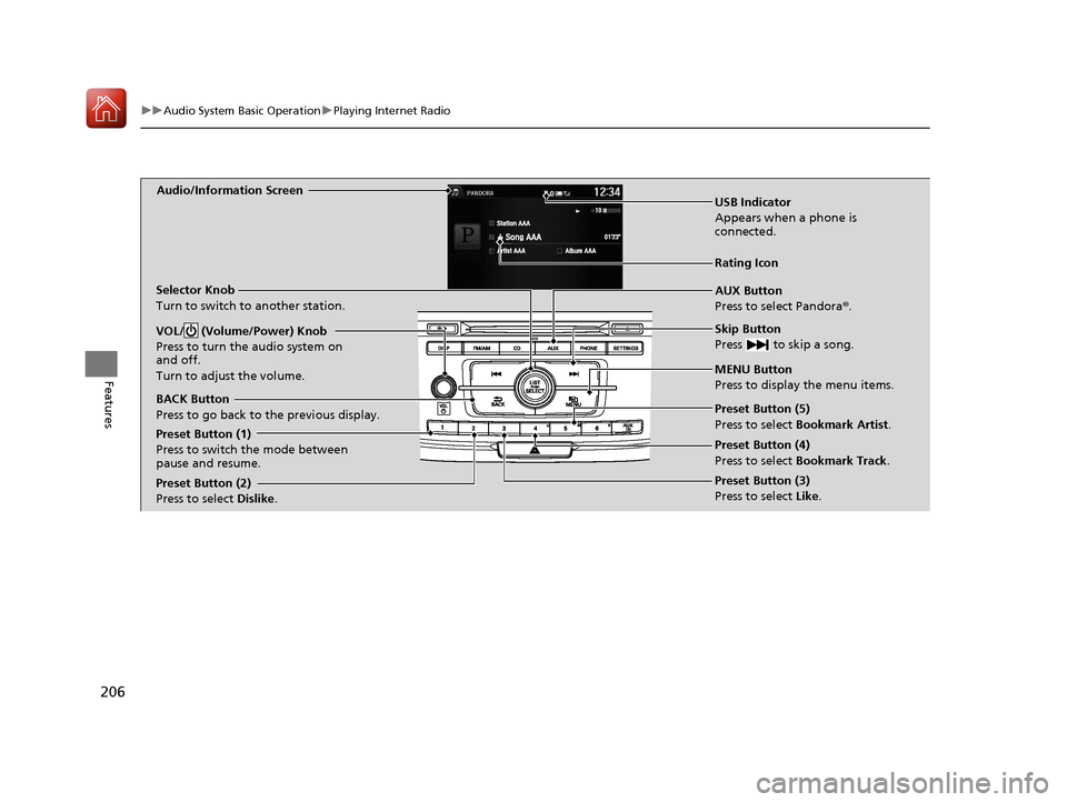 HONDA ACCORD HYBRID 2017 9.G Owners Manual 206
uuAudio System Basic Operation uPlaying Internet Radio
Features
Audio/Information Screen
AUX Button
Press to select Pandora®.
Skip Button
Press   to skip a song.
MENU Button
Press to display the 