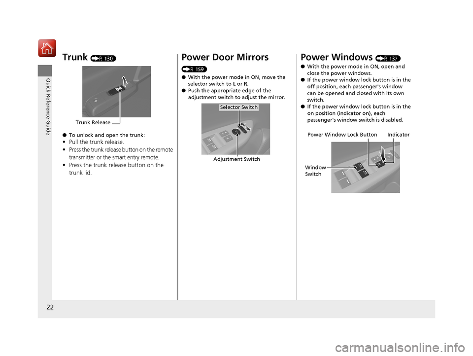 HONDA ACCORD HYBRID 2017 9.G Owners Manual 22
Quick Reference Guide
Trunk (P 130)
● To unlock and open the trunk:
•Pull the trunk release.
• Press the trunk release button on the remote 
transmitter or the smart entry remote.
• Press t