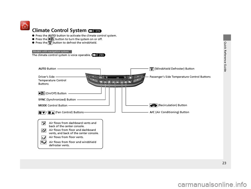 HONDA ACCORD HYBRID 2017 9.G Owners Manual 23
Quick Reference Guide
Climate Control System (P 179)
● Press the  AUTO button to activate th e climate control system.
● Press the   button to tu rn the system on or off.
● Press the   button