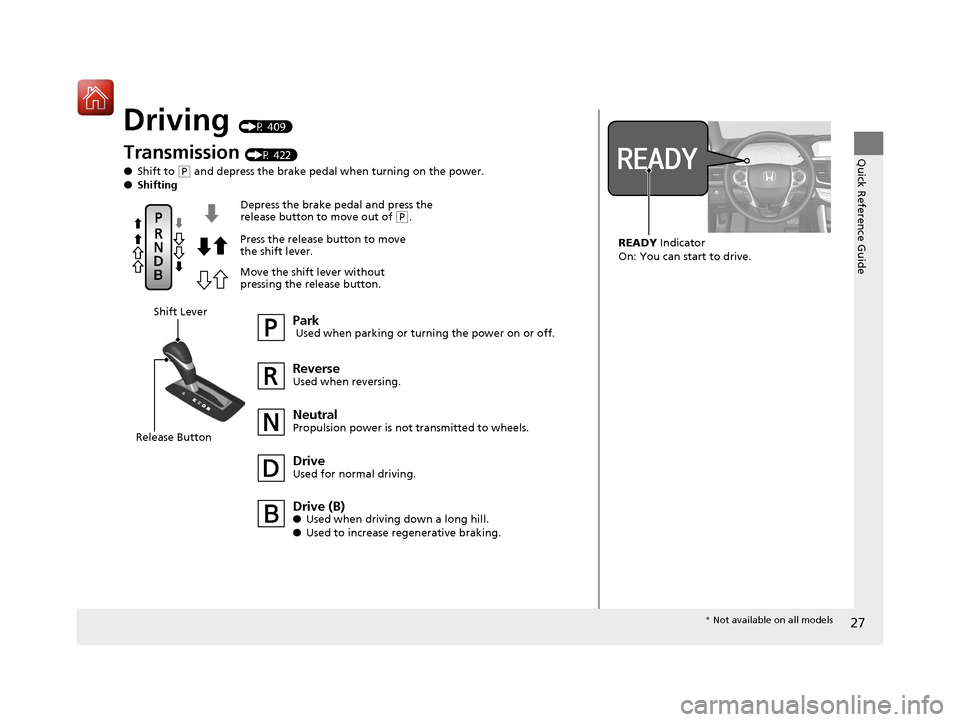 HONDA ACCORD HYBRID 2017 9.G Owners Manual 27
Quick Reference Guide
Driving (P 409)
Transmission (P 422)
● Shift to
(P and depress the brake pedal when turning on the power.
● Shifting
Park Used when parking or turning the power on or off HONDA ACCORD HYBRID 2017 9.G Owners Manual 27
Quick Reference Guide
Driving (P 409)
Transmission (P 422)
● Shift to
(P and depress the brake pedal when turning on the power.
● Shifting
Park Used when parking or turning the power on or off