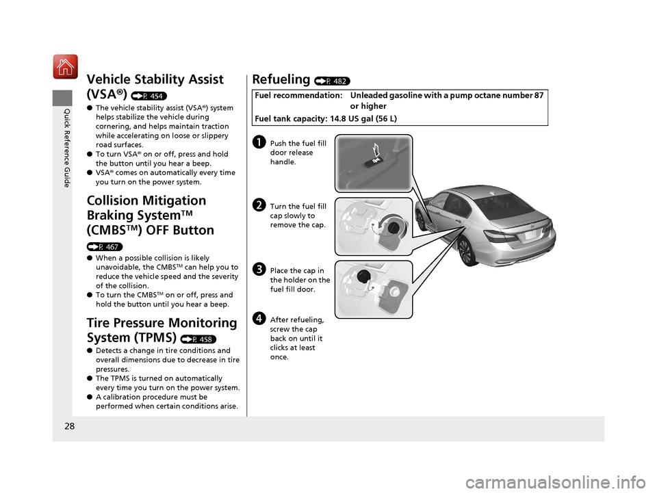 HONDA ACCORD HYBRID 2017 9.G Owners Manual 28
Quick Reference Guide
Vehicle Stability Assist 
(VSA®) 
(P 454)
● The vehicle stability assist (VSA® ) system 
helps stabilize the vehicle during 
cornering, and helps maintain traction 
while 