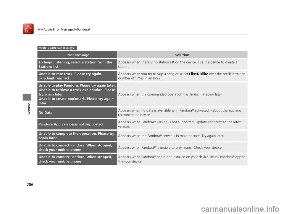HONDA ACCORD HYBRID 2017 9.G Owners Manual 286
uuAudio Error Messages uPandora®
Features
Error MessageSolution
To begin listening, select a station from the 
Stations list.Appears when there is no station list on  the device. Use the device t