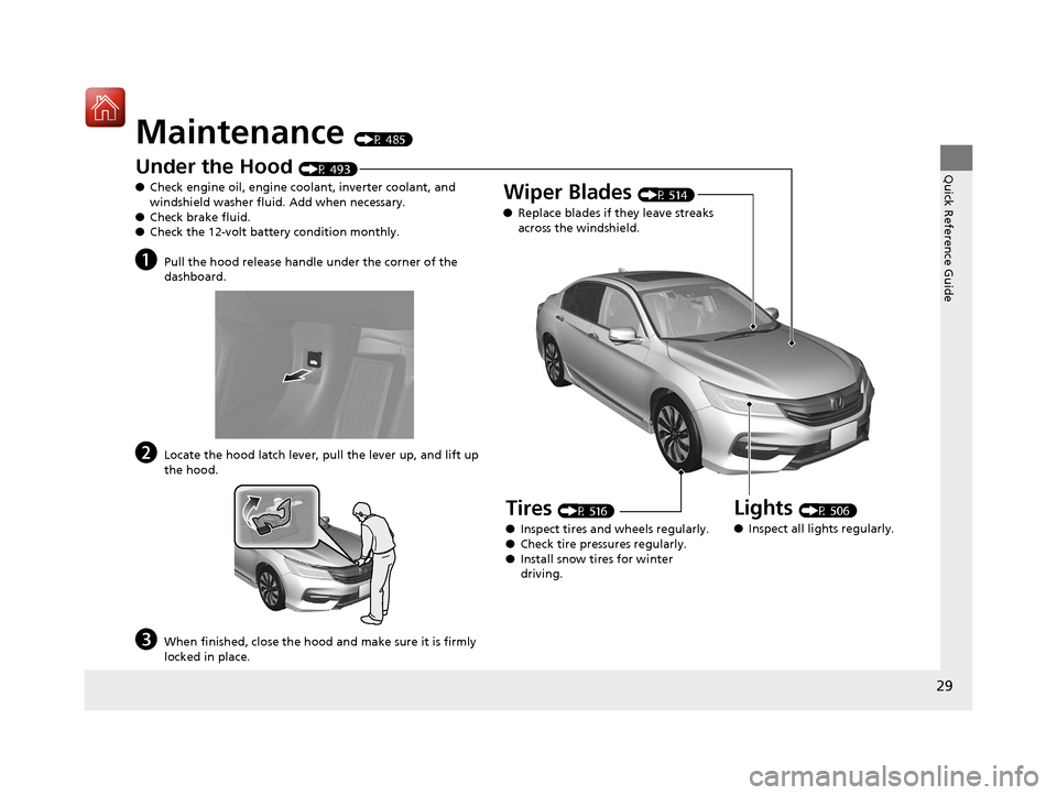 HONDA ACCORD HYBRID 2017 9.G Owners Manual 29
Quick Reference Guide
Maintenance (P 485)
Under the Hood (P 493)
● Check engine oil, engine coolant, inverter coolant, and 
windshield washer fluid. Add when necessary.
● Check brake fluid.
●