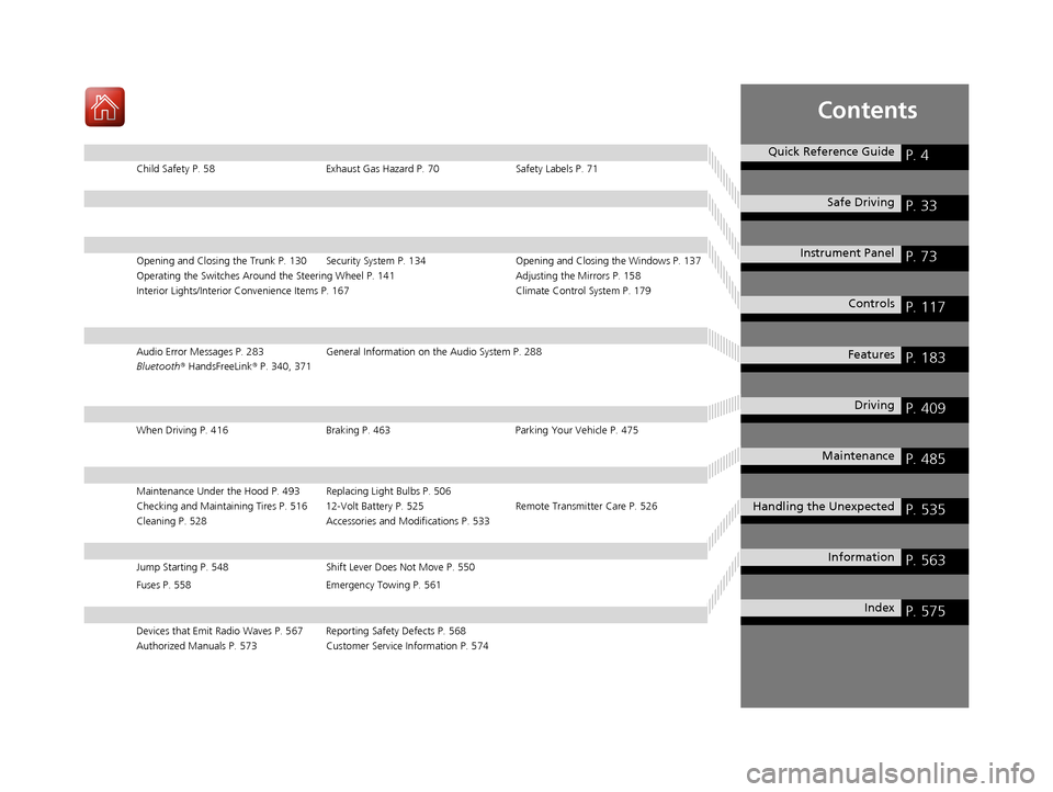 HONDA ACCORD HYBRID 2017 9.G Owners Manual Contents
Child Safety P. 58Exhaust Gas Hazard P. 70Safety Labels P. 71
Opening and Closing the Trunk P. 130 Security System P. 134 Opening and Closing the Windows P. 137
Operating the Switches Around 