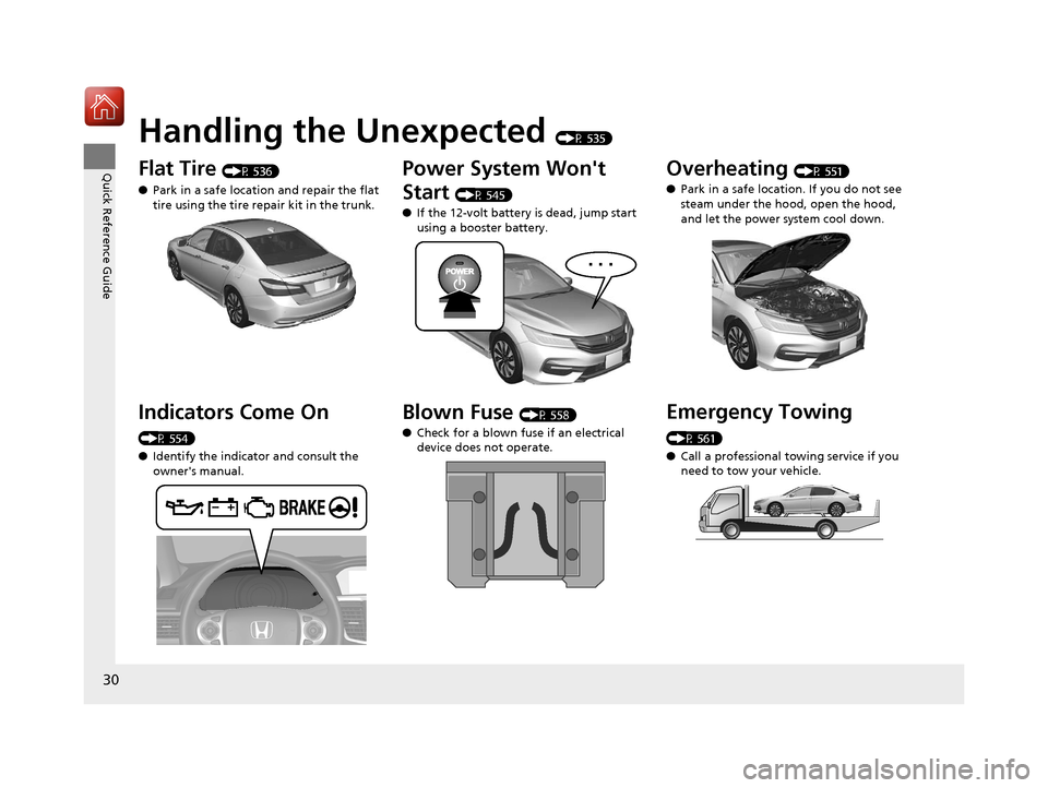 HONDA ACCORD HYBRID 2017 9.G Owners Manual 30
Quick Reference Guide
Handling the Unexpected (P 535)
Flat Tire (P 536)
● Park in a safe location and repair the flat 
tire using the tire repair kit in the trunk.
Indicators Come On 
(P 554)
●