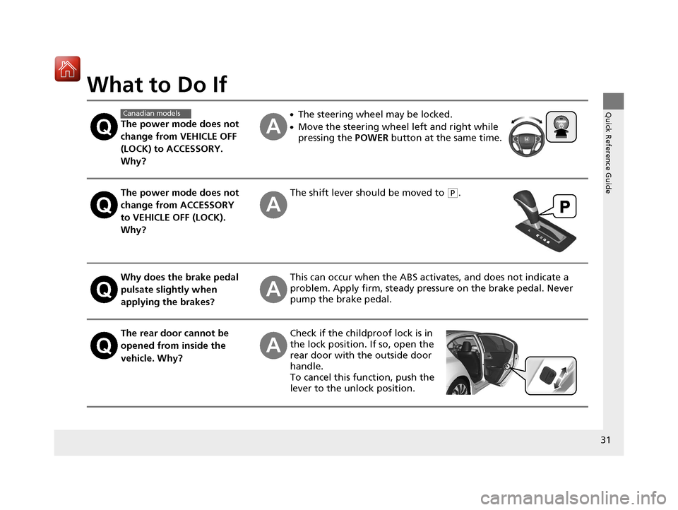 HONDA ACCORD HYBRID 2017 9.G Owners Manual 31
Quick Reference Guide
What to Do If
The power mode does not 
change from VEHICLE OFF 
(LOCK) to ACCESSORY. 
Why?
●The steering wheel may be locked.
●Move the steering wheel left and right while