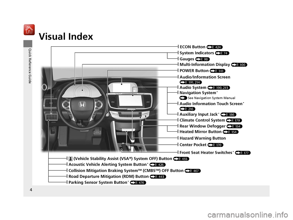 HONDA ACCORD HYBRID 2017 9.G Owners Manual 4
Quick Reference Guide
Quick Reference Guide
Visual Index
❙System Indicators (P 74)
❙Gauges (P 98)
❙POWER Button (P 141)
❙Rear Window Defogger (P 154)
❙Front Seat Heater Switches* (P 177)
HONDA ACCORD HYBRID 2017 9.G Owners Manual 4
Quick Reference Guide
Quick Reference Guide
Visual Index
❙System Indicators (P 74)
❙Gauges (P 98)
❙POWER Button (P 141)
❙Rear Window Defogger (P 154)
❙Front Seat Heater Switches* (P 177)