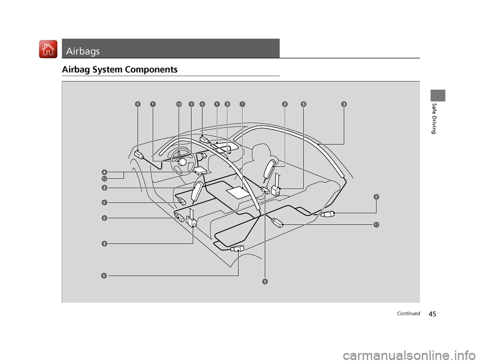 HONDA ACCORD HYBRID 2017 9.G User Guide 45Continued
Safe Driving
Airbags
Airbag System Components
6
7
8
9
8
8
8
8810
11
12
17 ACCORD FHEV-31T3W6200.book  45 ページ  ２０１６年４月１１日　月曜日　午後２時４０分 