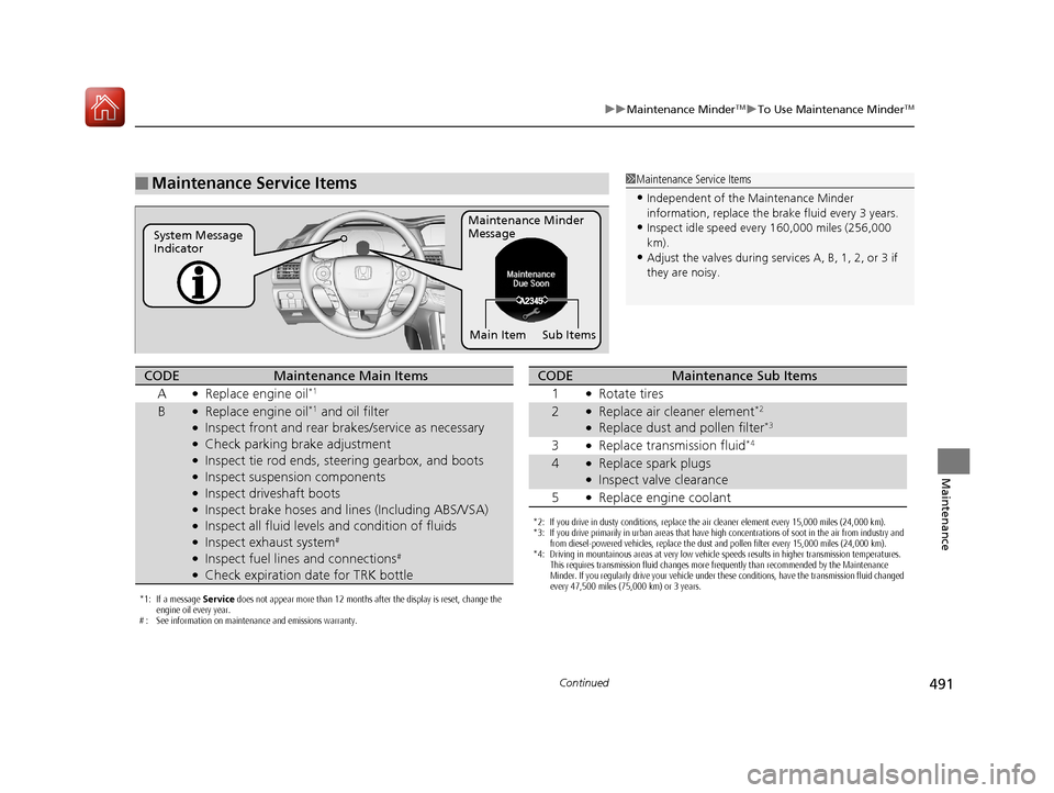 HONDA ACCORD HYBRID 2017 9.G Owners Manual 491
uuMaintenance MinderTMuTo Use Maintenance MinderTM
Continued
Maintenance
■Maintenance Service Items1Maintenance Service Items
•Independent of the Maintenance Minder 
information, replace the b