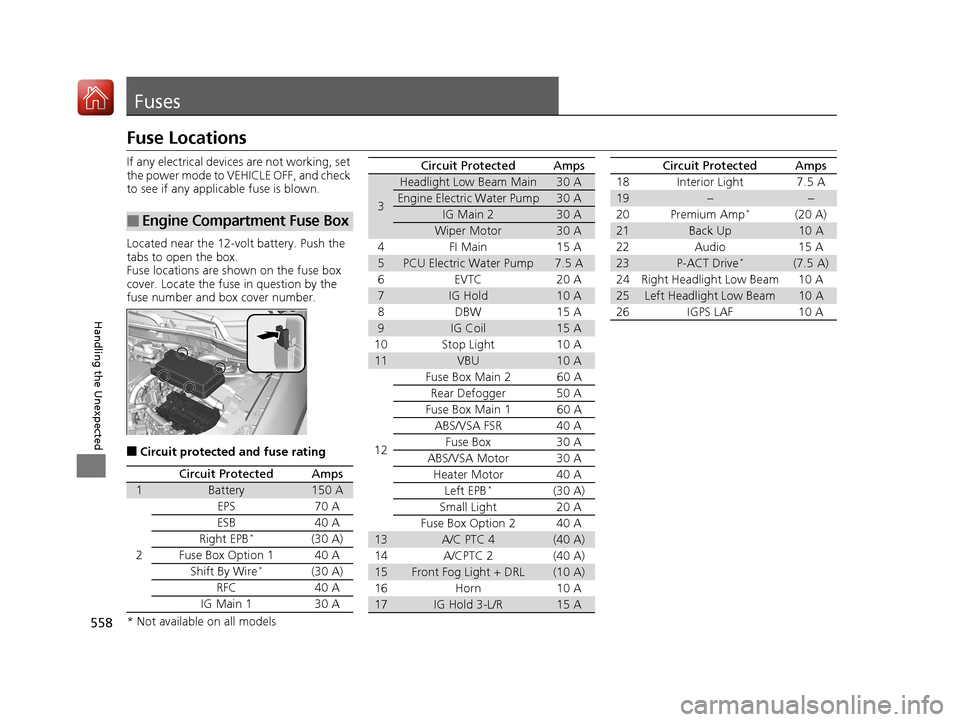 HONDA ACCORD HYBRID 2017 9.G Repair Manual 558
Handling the Unexpected
Fuses
Fuse Locations
If any electrical devices are not working, set 
the power mode to VEHICLE OFF, and check 
to see if any applicable fuse is blown.
Located near the 12-v