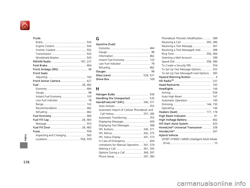 HONDA ACCORD HYBRID 2017 9.G User Guide 578
Index
FluidsBrake ....................................................... 504
Engine Coolant ........................................ 500
Inverter Coolant....................................... 50