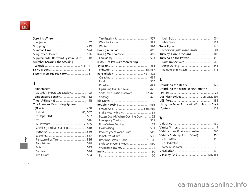 HONDA ACCORD HYBRID 2017 9.G Owners Manual 582
Index
Steering WheelAdjusting ................................................. 157
Stopping .................................................... 475
Summer Tires .................................