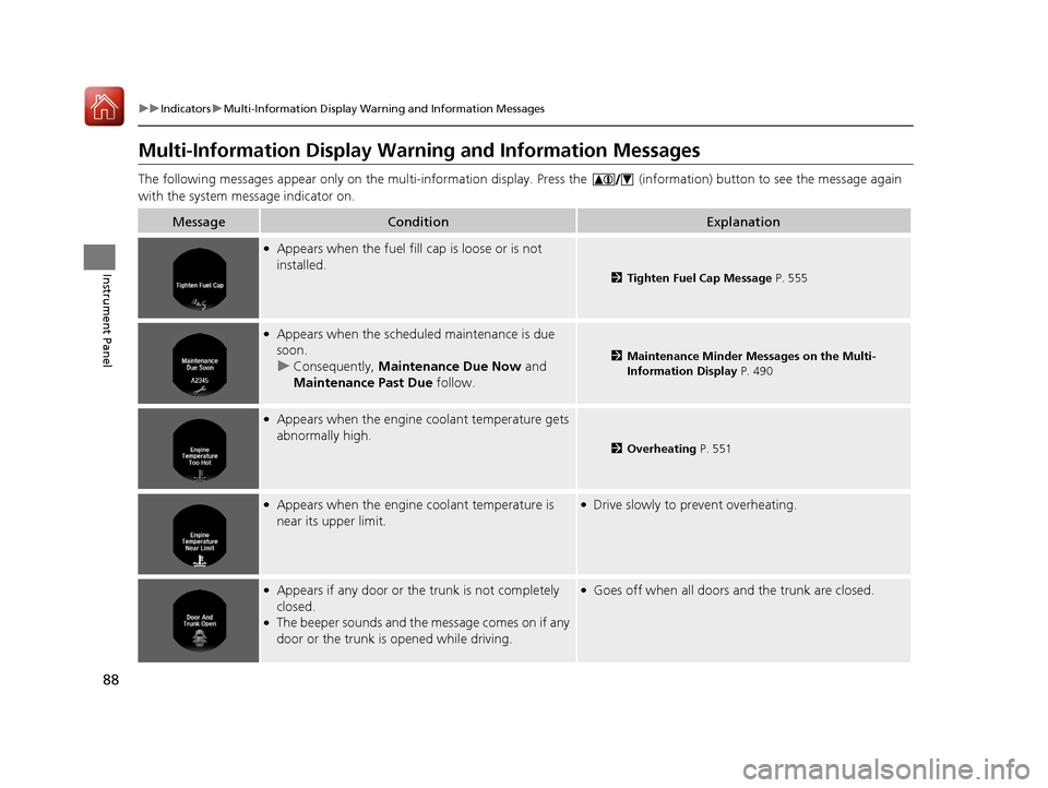 HONDA ACCORD HYBRID 2017 9.G Owners Manual 88
uuIndicators uMulti-Information Display Warn ing and Information Messages
Instrument Panel
Multi-Information Display Warn ing and Information Messages
The following messages appear only on the mult