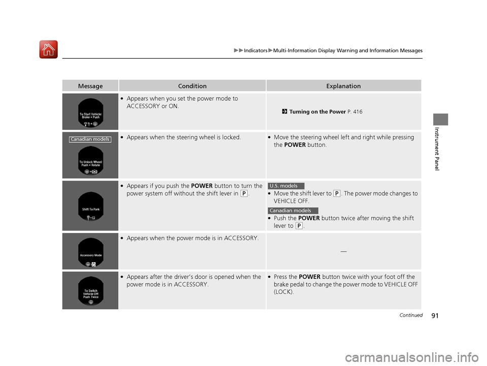 HONDA ACCORD HYBRID 2017 9.G Owners Manual 91
uuIndicators uMulti-Information Display Warning and Information Messages
Continued
Instrument Panel
MessageConditionExplanation
●Appears when you set the power mode to 
ACCESSORY or ON.
2 Turning