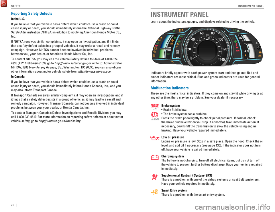 HONDA ACCORD HYBRID 2017 9.G Quick Guide 24    ||    25
       I
NSTRUMENT PANELSAFETY
Reporting Safety Defects
In the U.S.
If you believe that your vehicle has a defect which could cause a crash \
or could 
cause injury or death, you should