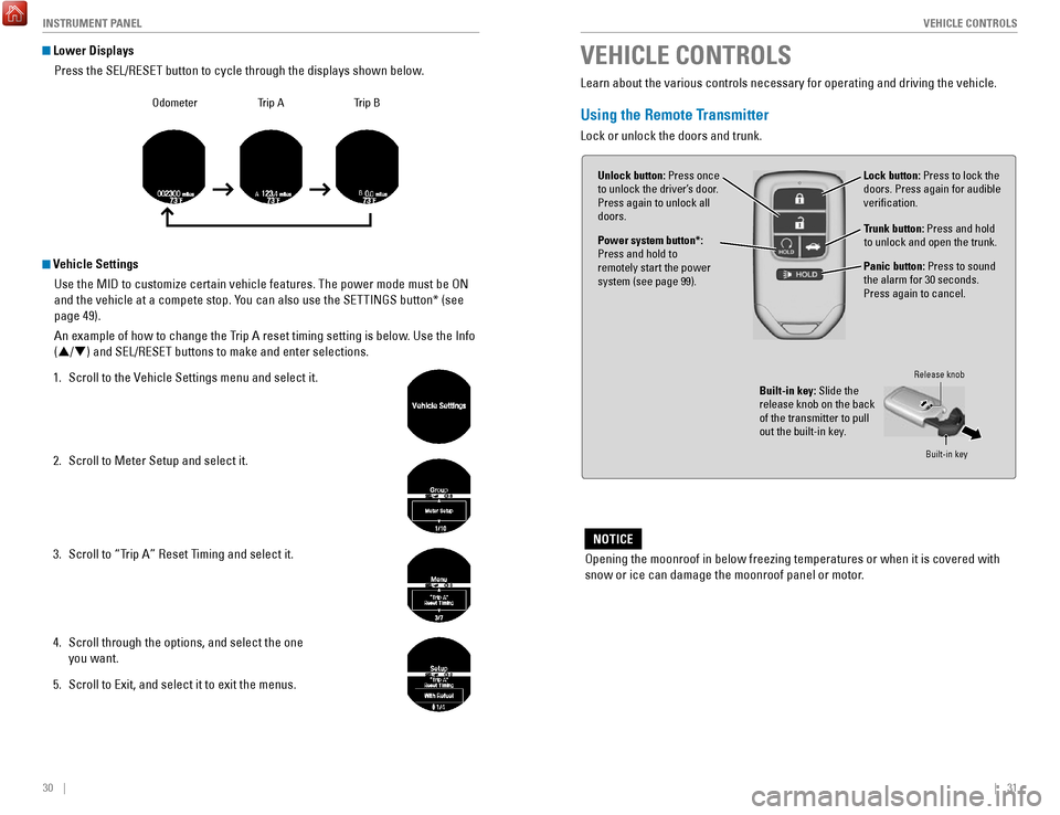 HONDA ACCORD HYBRID 2017 9.G Quick Guide 30    ||    31
       V
EHICLE CONTROLSINSTRUMENT PANEL
 Lower Displays
Press the S
eL/reSeT button to cycle through the displays shown below.
odometer Trip ATrip B
 Vehicle Settings
Use the MID to cu
