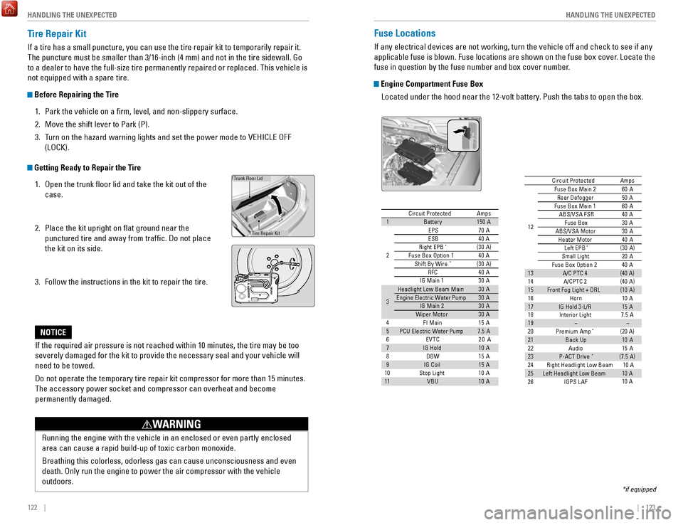 HONDA ACCORD HYBRID 2017 9.G Quick Guide 122    ||    123
       HANDLING THE UNEXPECTED
HANDLING THE UNEXPECTED
Tire Repair Kit
If a tire has a small puncture, you can use the tire repair kit to tempo\
rarily repair it. 
The puncture must b