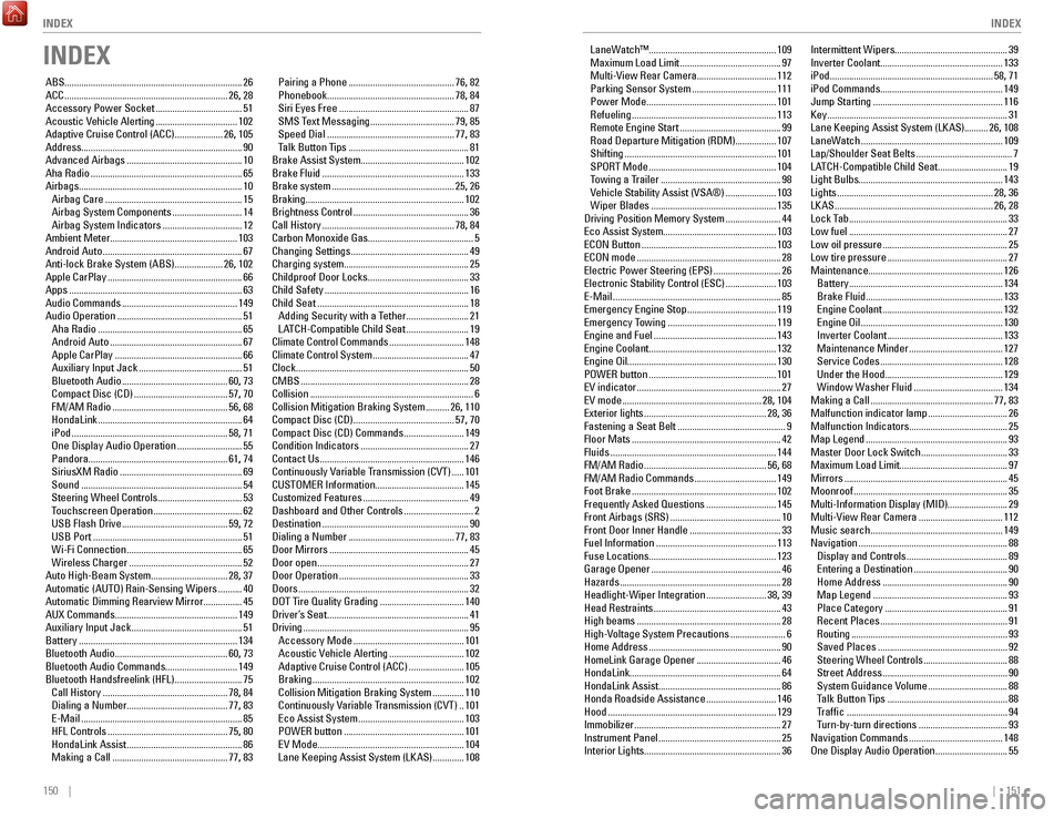 HONDA ACCORD HYBRID 2017 9.G Quick Guide 150    ||    151
       INDEX
INDEX
INDEX
ABS........................................................................\
.. 26
ACC .................................................................... 26