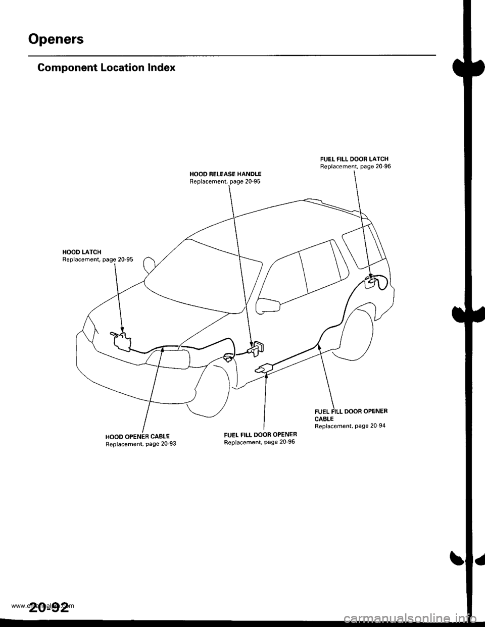 HONDA CR-V 1999 RD1-RD3 / 1.G Workshop Manual
Openers
Component Location Index
HOOD LATCHReplacement, page 2095
HOOD OPENER CABLEReplacement, page 2093
FUEL FILL OOOR LATCHReplacement, page 2096
HOOD RELEASE HANDLEReplacement, page 2095
FUEL HONDA CR-V 1999 RD1-RD3 / 1.G Workshop Manual
Openers
Component Location Index
HOOD LATCHReplacement, page 2095
HOOD OPENER CABLEReplacement, page 2093
FUEL FILL OOOR LATCHReplacement, page 2096
HOOD RELEASE HANDLEReplacement, page 2095
FUEL