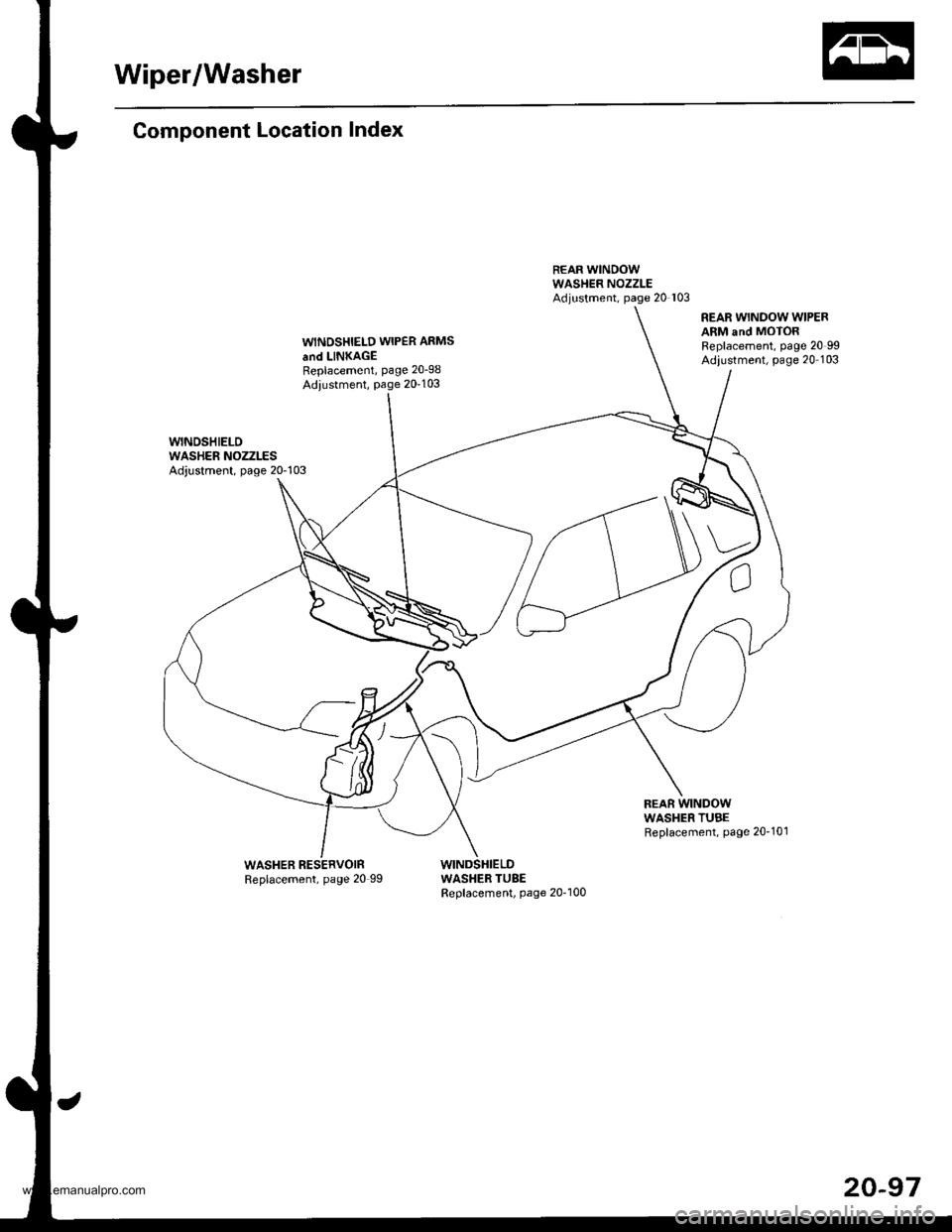 HONDA CR-V 1999 RD1-RD3 / 1.G Workshop Manual 
Wiper/Washer
Component Location Index
WINOSHIELD WIPER ARMS
and LINKAGEReplacement, page 20-98
Adiustment, Page 20-103
REAR WINDOW WIPERARM and MOTORReplacement, page 20 99Adiustment, page 20 103
WAS