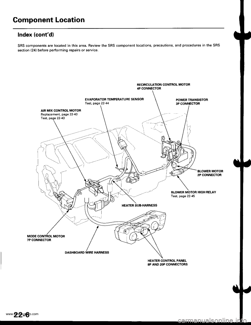 HONDA CR-V 2000 RD1-RD3 / 1.G Owners Manual
Component Location
Index (contdl
SRS components are located in this area. Review the SRS component locations, precautions, and procedures in the SRS
section (24) before performing repairs or service HONDA CR-V 2000 RD1-RD3 / 1.G Owners Manual
Component Location
Index (contdl
SRS components are located in this area. Review the SRS component locations, precautions, and procedures in the SRS
section (24) before performing repairs or service