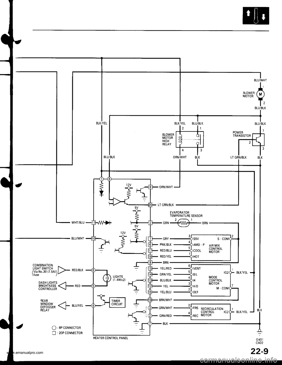 HONDA CR-V 1999 RD1-RD3 / 1.G Workshop Manual 
cnNj@_snN
GRY
PNK/BLK
NED/8LU
REO/YEL
YEL/BLU
8RN/WHT
GRNI/VHT
GRN/RED
POWERTRANSISTOR
c401c402
22-9
4
ORNMHT
Fg"{
EVAPONATORTEMPERATURE SENSOR
fi3.Hfi|$l#i9D> 
""-
DASH LTGHTS _/4EE|GHTNESS < l_ R