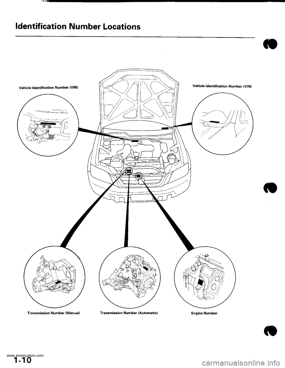 HONDA CR-V 2000 RD1-RD3 / 1.G Workshop Manual 
ldentification Number Locations
Vehicle ldentification Number lVlNlVehicl€ ldentific.tion Number tvtNl
-
Transmission Numb6r lManudl)
1-10
Transmission Numbor {AulomaticlEngine Numbel
www.emanualpr