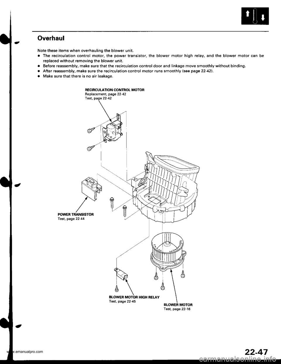 HONDA CR-V 1999 RD1-RD3 / 1.G Workshop Manual 
Overhaul
Note these items when overhauling the blower unit.
. The recirculation contfol motor. the power transistor, the blower motor high relay, and the blower motor can be
replaced without removing