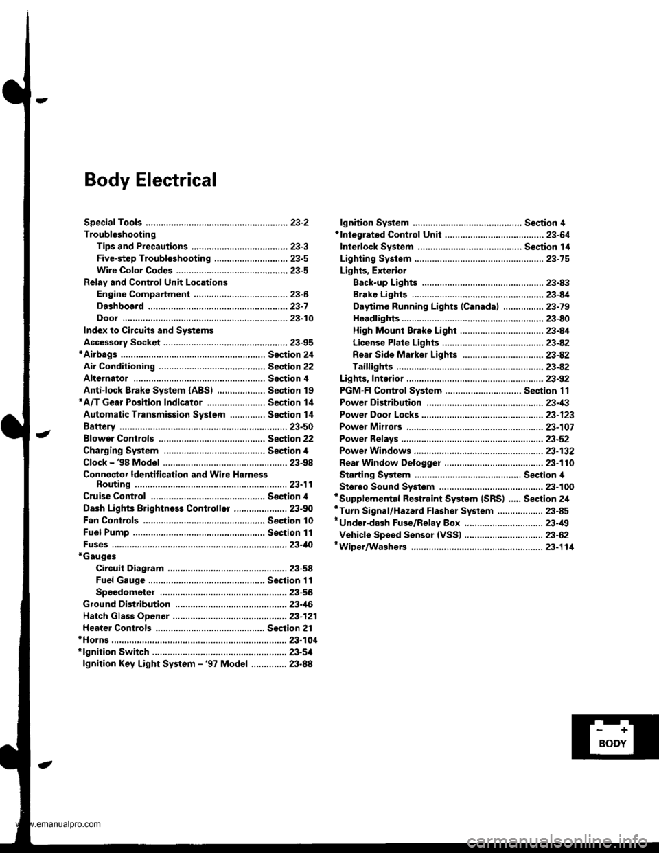 HONDA CR-V 1999 RD1-RD3 / 1.G Owners Manual 
Body Electrical
Speciaf Toofs ,...,..,.............-.23-2
Troubleshooting
Tips and Precautions ......,.,..........,.................. 23-3
Five-step Troubleshooting ........,.,.,...,,.,......... 23-5