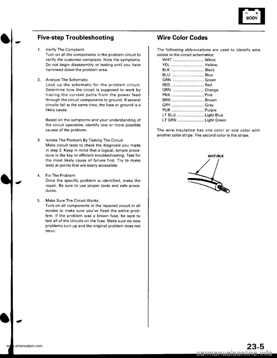 HONDA CR-V 1997 RD1-RD3 / 1.G Owners Manual
Five-step Troubleshooting
1.
3.
Verify The Complaint
Turn on all the components in the problem circuit to
verify the customer complaint. Note the symptoms.
Do not begin disassembly or testing until y HONDA CR-V 1997 RD1-RD3 / 1.G Owners Manual
Five-step Troubleshooting
1.
3.
Verify The Complaint
Turn on all the components in the problem circuit to
verify the customer complaint. Note the symptoms.
Do not begin disassembly or testing until y
