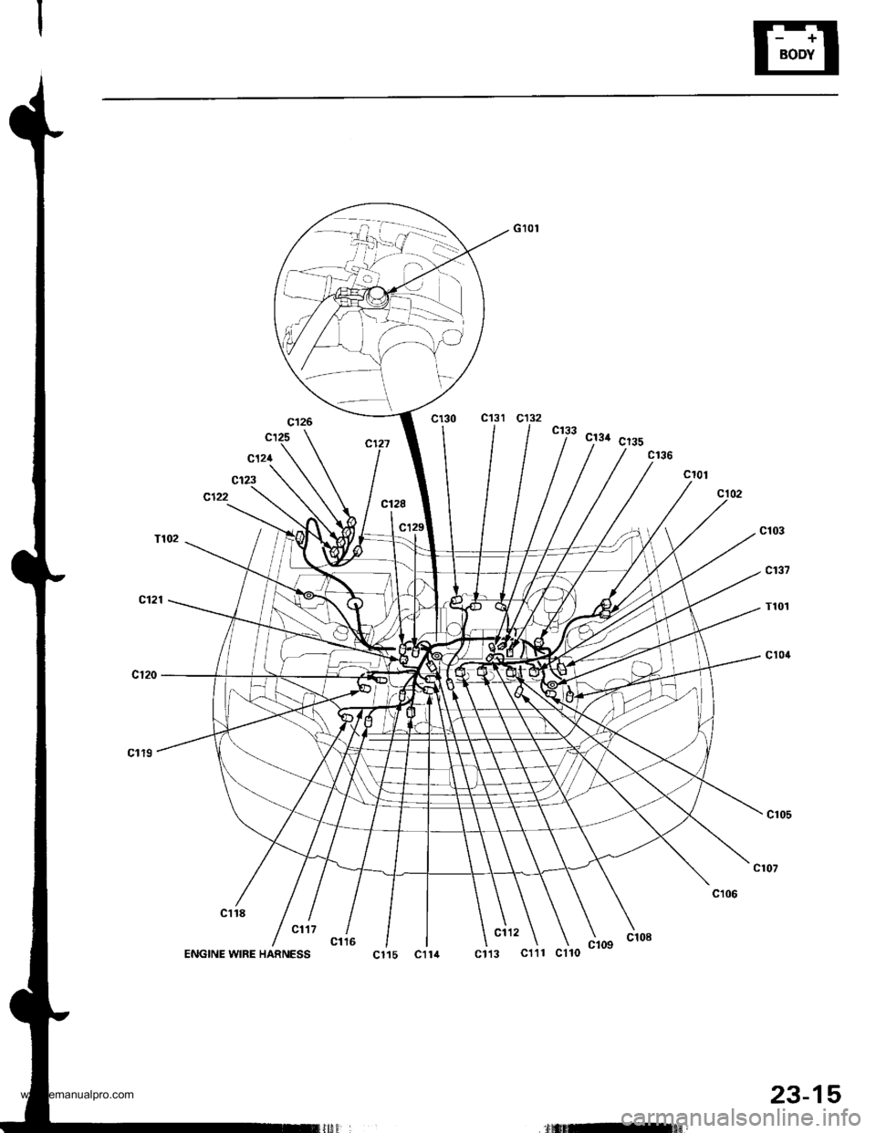 HONDA CR-V 1997 RD1-RD3 / 1.G Workshop Manual 
ENGINE WIRE HARNESS
c1733 clsl gra,
c103
c137
T101
c104
c112
cl13 cl�l1
lrffiltEfinl,
23-15
www.emanualpro.com  
