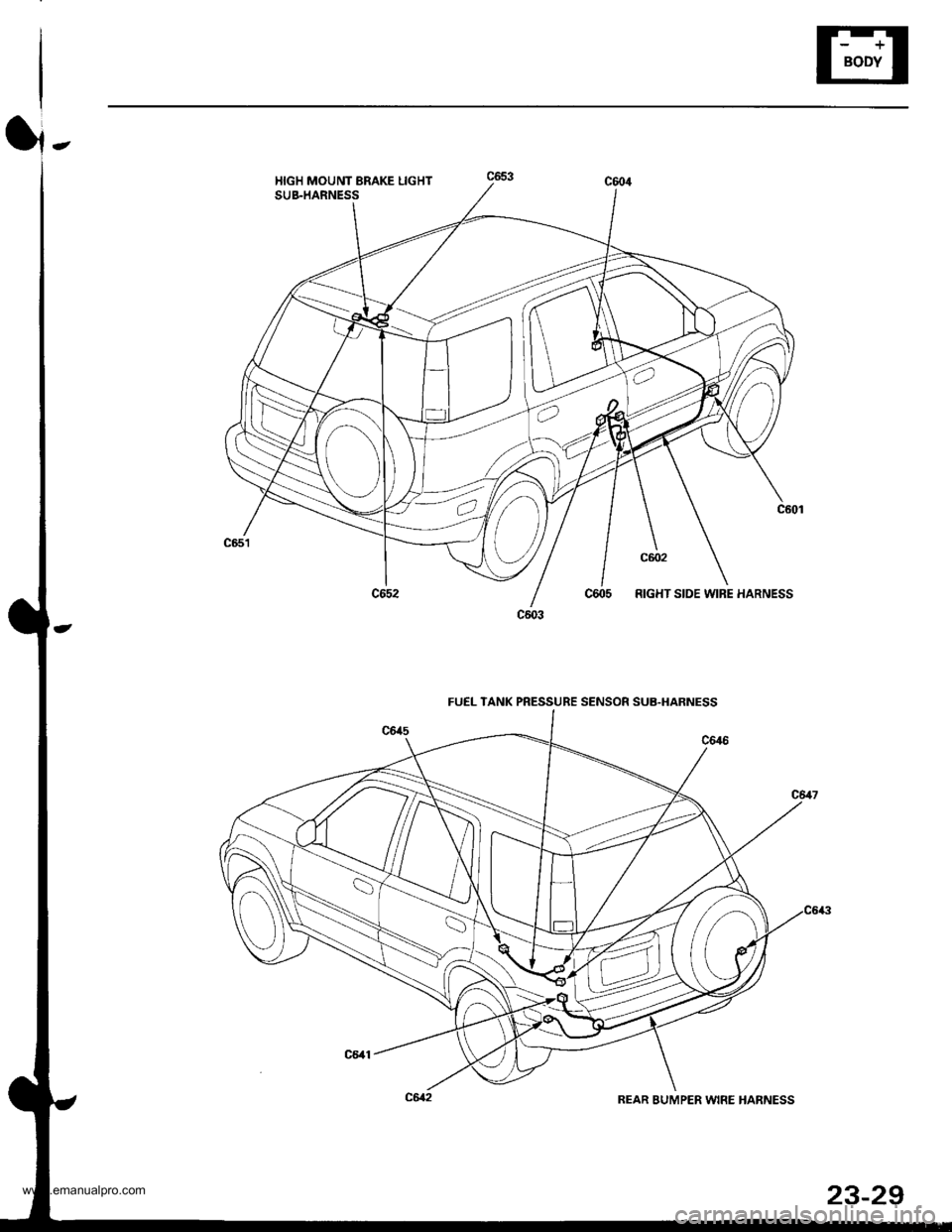 HONDA CR-V 1998 RD1-RD3 / 1.G Owners Guide
HIGH MOUNT BRAKE LIGHTSUB-HARNESS
RIGHT SIDE WIBE HARNESS
FU€L TANK PRESSURE SENSOR SUB.HARNESS
REAR BUMPER WIRE HANNESS
23-29
www.emanualpro.com HONDA CR-V 1998 RD1-RD3 / 1.G Owners Guide
HIGH MOUNT BRAKE LIGHTSUB-HARNESS
RIGHT SIDE WIBE HARNESS
FU€L TANK PRESSURE SENSOR SUB.HARNESS
REAR BUMPER WIRE HANNESS
23-29
www.emanualpro.com