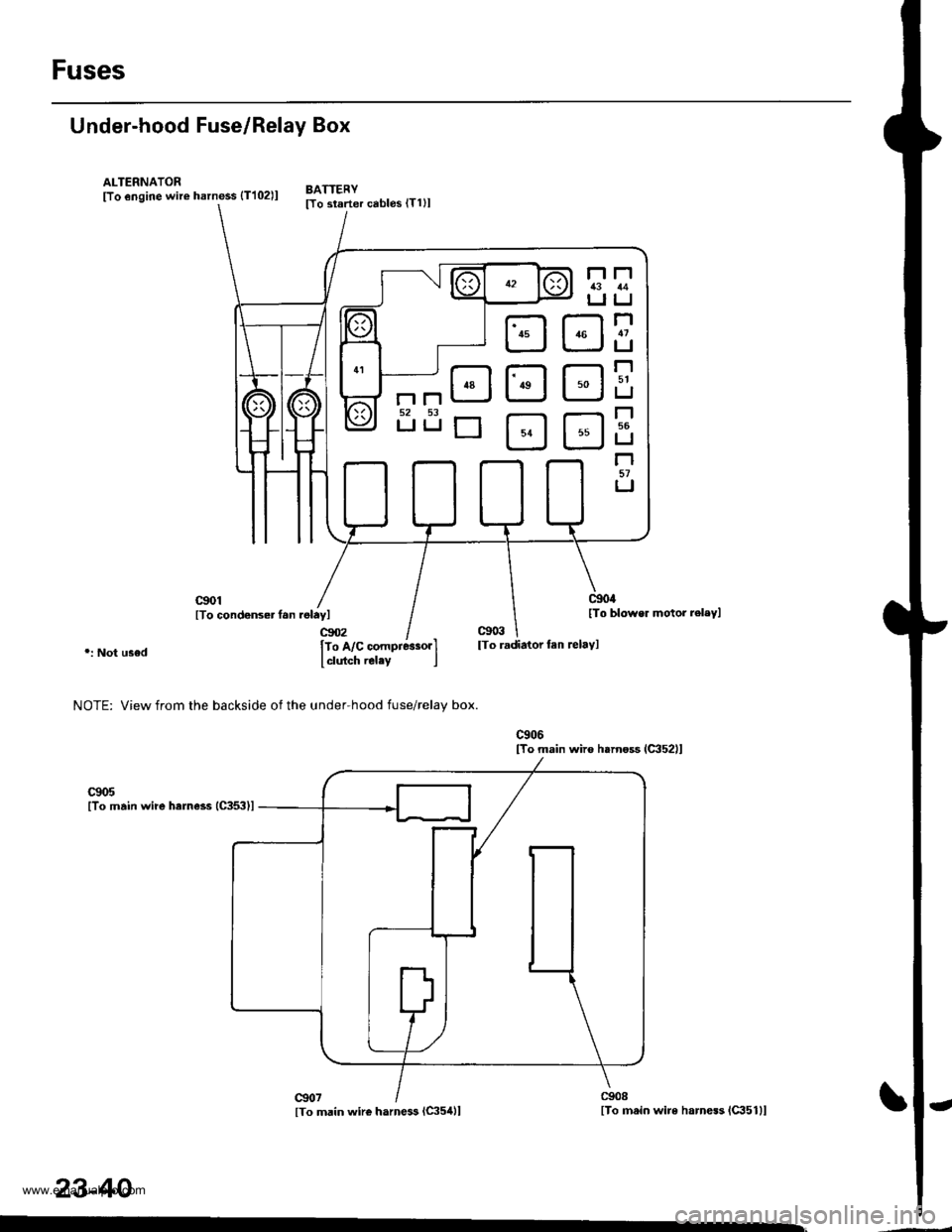 HONDA CR-V 1997 RD1-RD3 / 1.G Workshop Manual
Fuses
Under-hood Fuse/Relay Box
ALTERNATOR
lTo engine wire harness {T102)l
cro1lTo condens€r tan .slayl
.: Not used
NOTE: View from the backside of the under-hood fuse/relay box.
BATTERY
lTo slarte HONDA CR-V 1997 RD1-RD3 / 1.G Workshop Manual
Fuses
Under-hood Fuse/Relay Box
ALTERNATOR
lTo engine wire harness {T102)l
cro1lTo condens€r tan .slayl
.: Not used
NOTE: View from the backside of the under-hood fuse/relay box.
BATTERY
lTo slarte