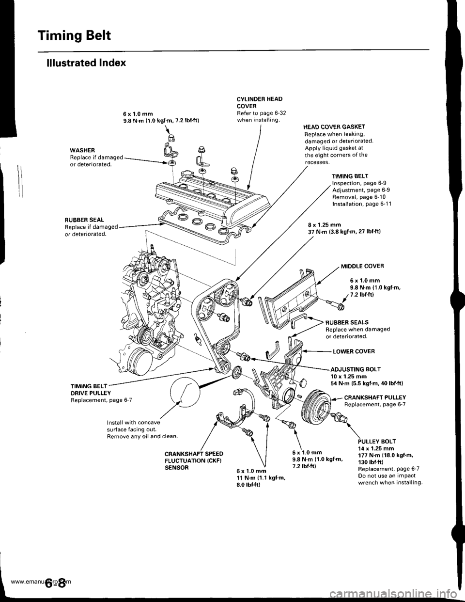 HONDA CR-V 1997 RD1-RD3 / 1.G Workshop Manual
Timing Belt
lllustrated Index
Cl
k6
CYLINDER HEADCOVERRefer to page 6-32when installing.
6x1.0mfi11 N.m {1.1 kgtm,8.0 rbtft)
HEAD COVER GASKETReplace when leaking,damaged or deteriorated.Apply liquid HONDA CR-V 1997 RD1-RD3 / 1.G Workshop Manual
Timing Belt
lllustrated Index
Cl
k6
CYLINDER HEADCOVERRefer to page 6-32when installing.
6x1.0mfi11 N.m {1.1 kgtm,8.0 rbtft)
HEAD COVER GASKETReplace when leaking,damaged or deteriorated.Apply liquid