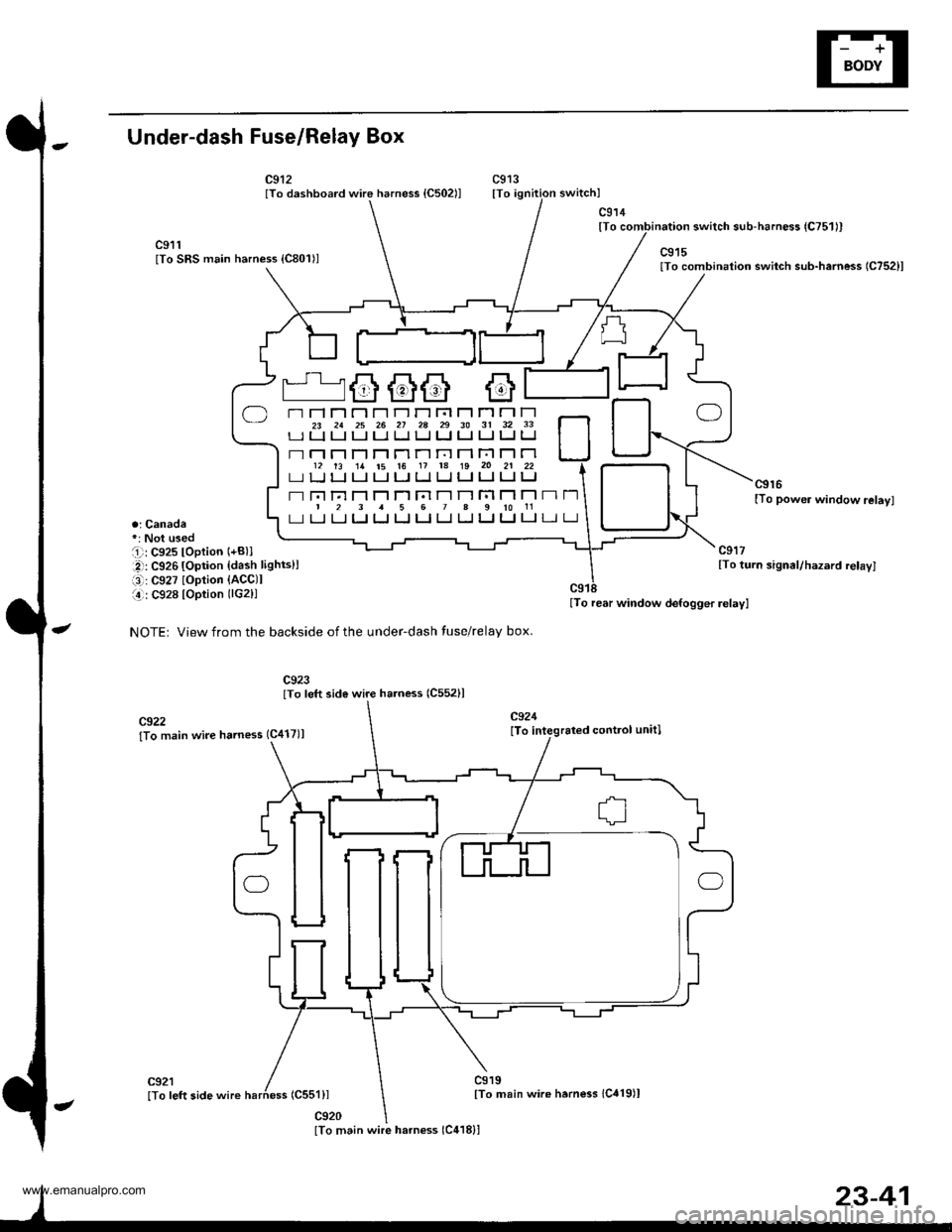 HONDA CR-V 1998 RD1-RD3 / 1.G Workshop Manual 
Under-dash Fuse/Relay Box
c912lTo dashboard wire harness {C502ll
a; Canada
i -: C927 loption {ACCll
141: C928 lOption (lG2)l
NOTEr View from the backside of the under-dash tuse/relay box.
c919lTo ma