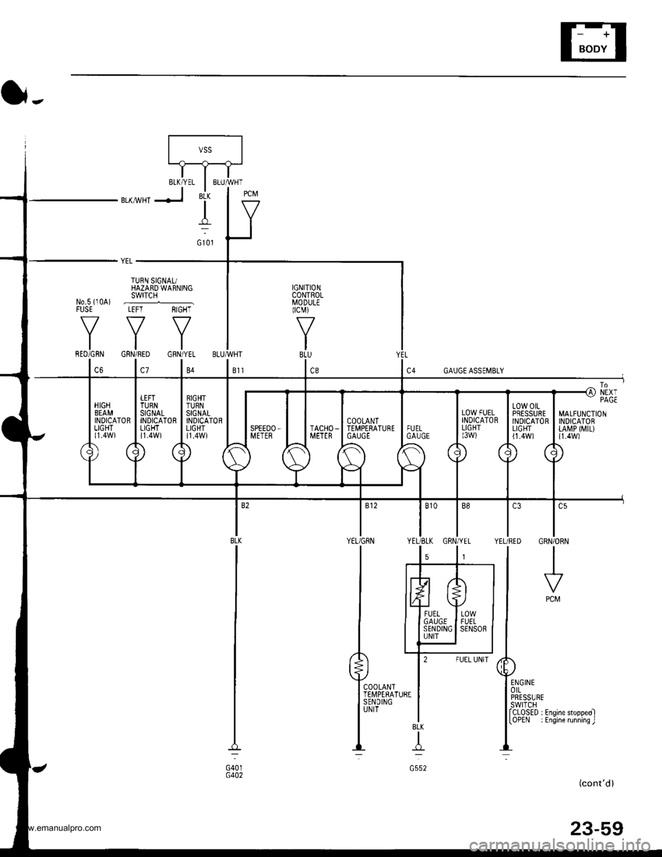 HONDA CR-V 1997 RD1-RD3 / 1.G User Guide 
t -, IrJr--------11-.----..1\-J
IITBLK/YEL I BLUMHT
BLKMHTJ i- | g
ltY
(}-.
YEL _
TURN SIGNAUHAZARD WARNINGswrTcH
YYY
IGNITIONCONTROLI/lODULEIcM)
f7
IBLU
1.,
No.s i10A) .--......_FUSE LEFT RIGHT
MA