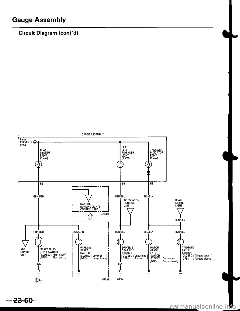HONDA CR-V 1998 RD1-RD3 / 1.G Owners Manual
Gauge Assembly
Circuit Diagram (contd)
GAUGE ASSEMBLY
REARCEILINGLIGHT
TAILGATELATCHswtTcH
rCLOSED I Glass open ItoPEN : Glass closed I
fCLoSED rTailsate open II0PEN iTailsateclosed.J
23-60
BLK
T
G5 HONDA CR-V 1998 RD1-RD3 / 1.G Owners Manual
Gauge Assembly
Circuit Diagram (contd)
GAUGE ASSEMBLY
REARCEILINGLIGHT
TAILGATELATCHswtTcH
rCLOSED I Glass open ItoPEN : Glass closed I
fCLoSED rTailsate open II0PEN iTailsateclosed.J
23-60
BLK
T
G5